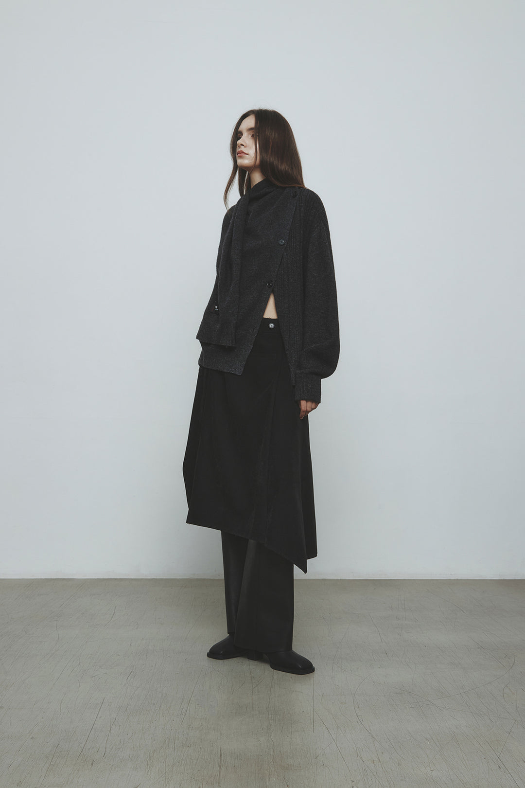 KIMMATIN Asymmetric Wrap Midi Skirt — Black