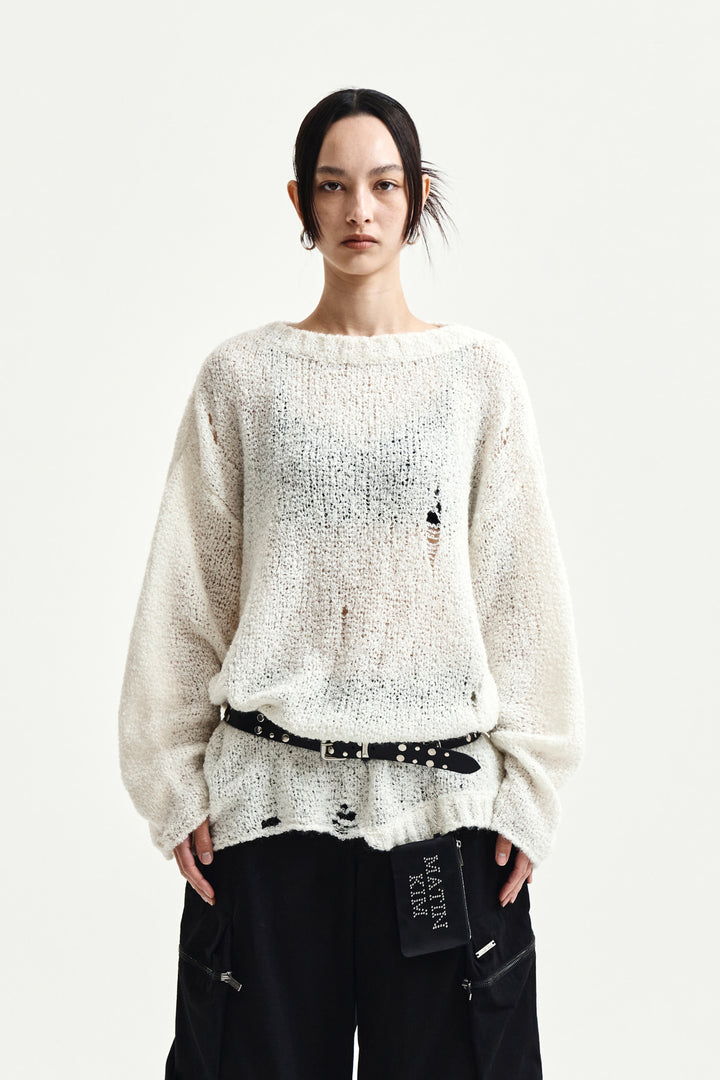 Matin Kim Asymmetric Damaged Knit Pullover — Ivory