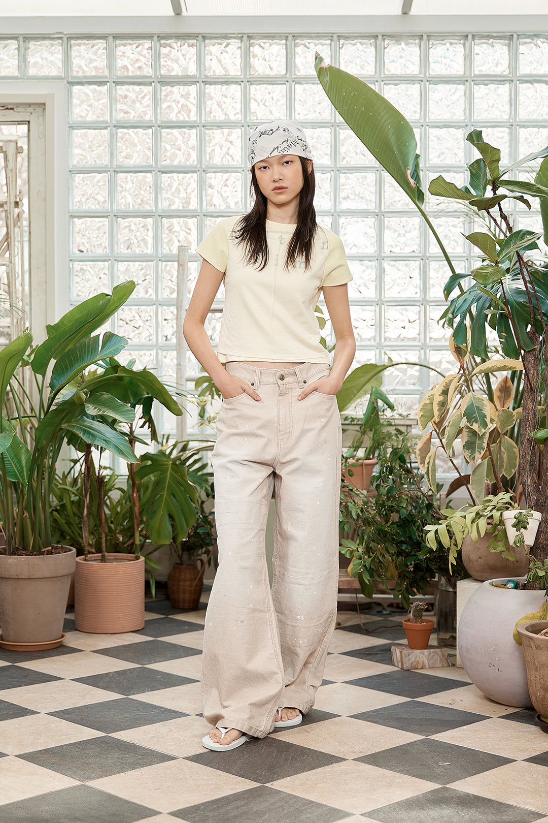 Matin Kim Unbalance Cut Point Vintage Cotton Pants — Beige