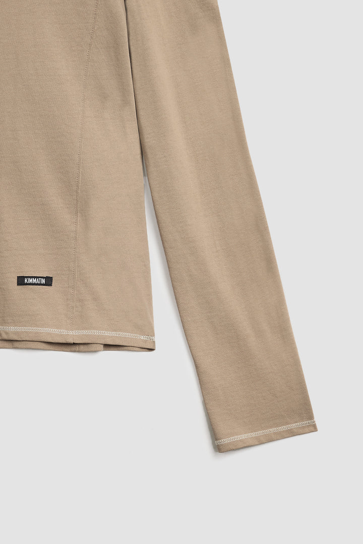 KIMMATIN Stitch Cut Out Long Sleeve Top — Beige