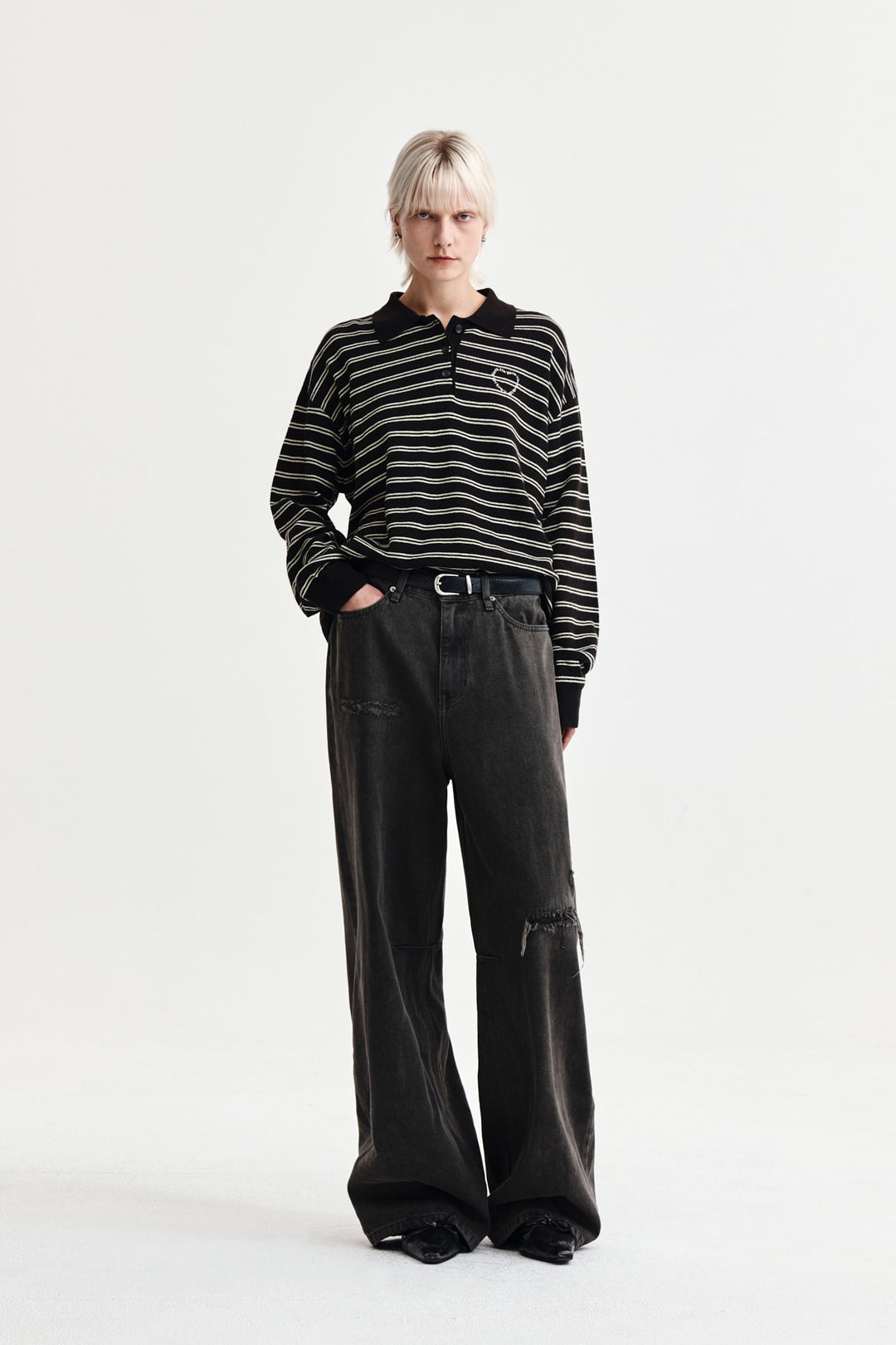 Matin Kim Heart Logo Collar Striped Pullover — Brown
