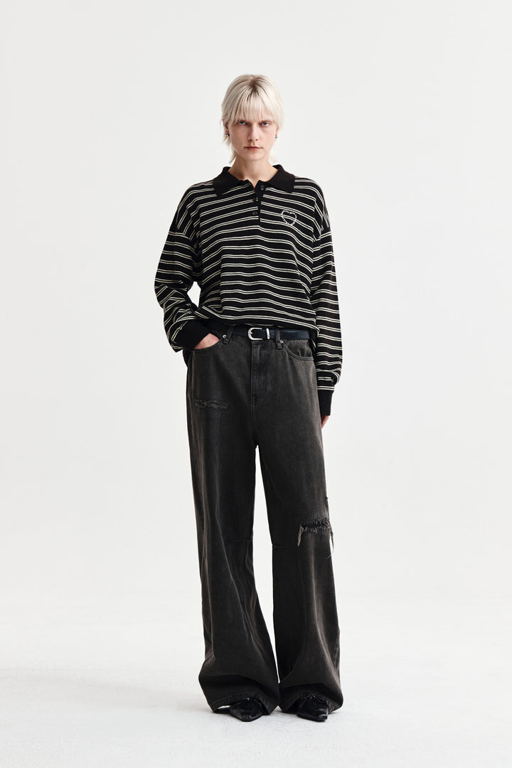 Matin Kim Heart Logo Collar Striped Pullover — Brown