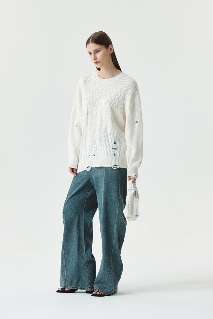 KIMMATIN Cable Mix Damage Knit Pullover — Ivory