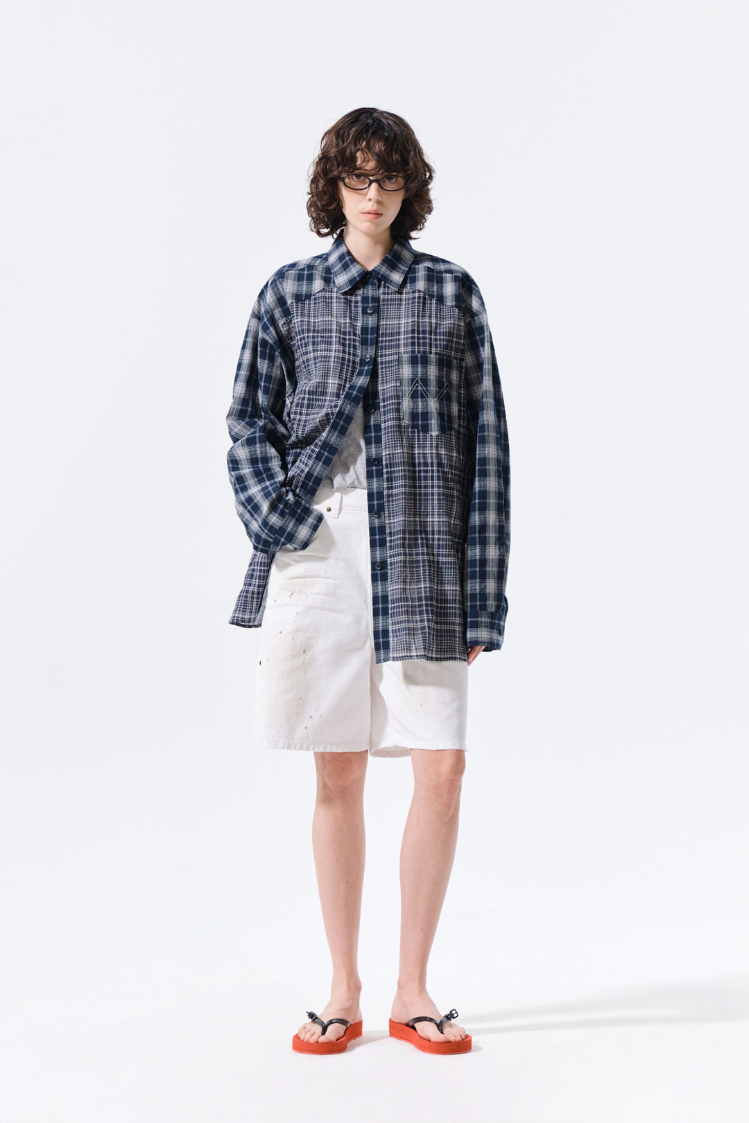Matin Kim Mixed Check Overfit Shirt — Navy blue