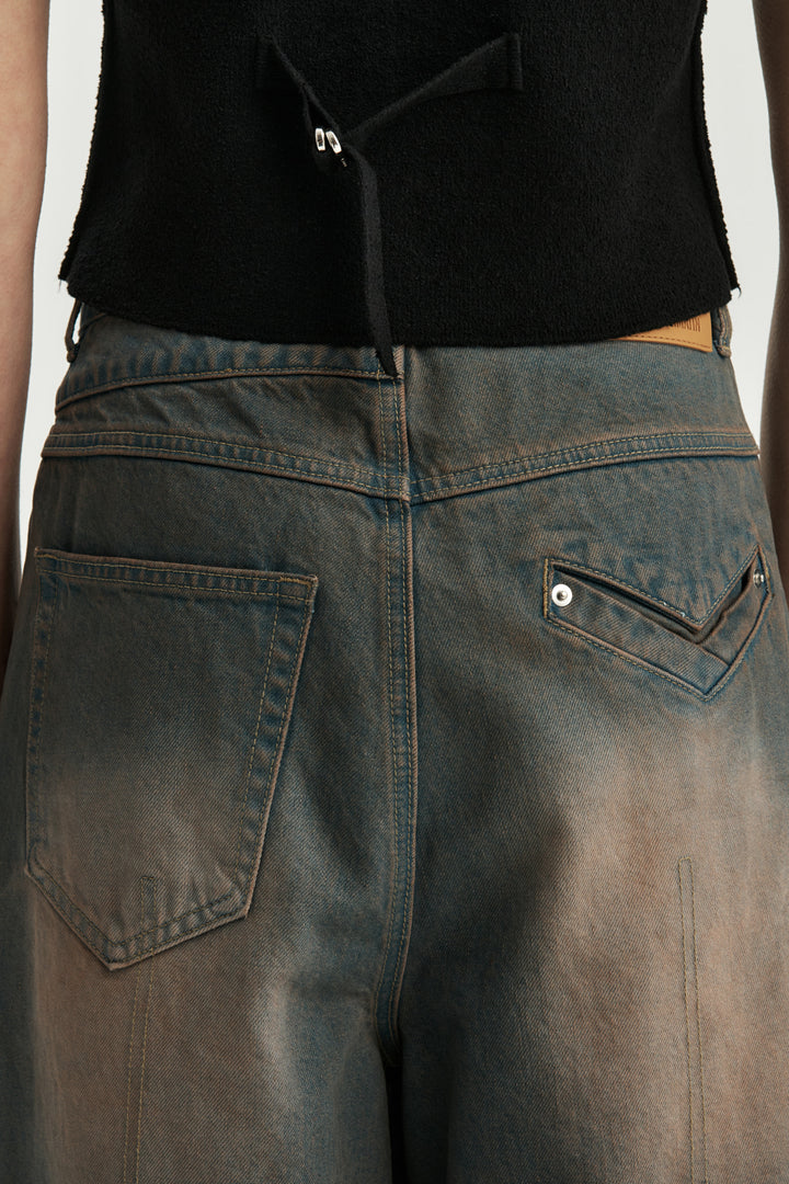 KIMMATIN Unbalance Belted Denim Pants — Blue