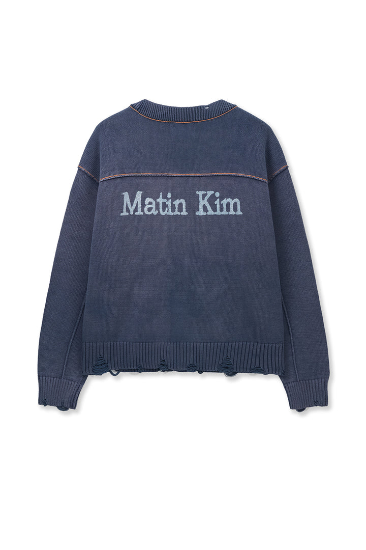 Matin Kim Back Logo Line Point Knit Cardigan — Blue