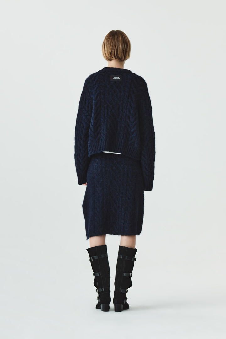 KIMMATIN Wide Cable Midi Knit Skirt — Navy blue
