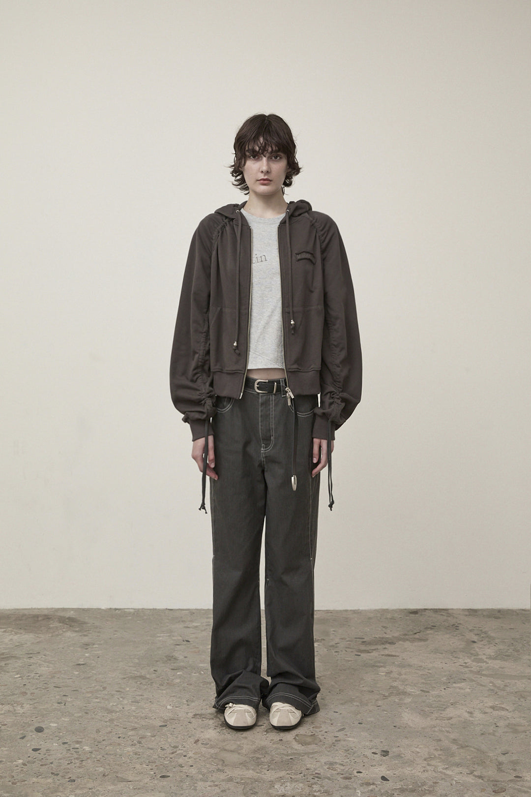 Matin Kim Sleeve String Detail Zip Hoody — Charcoal