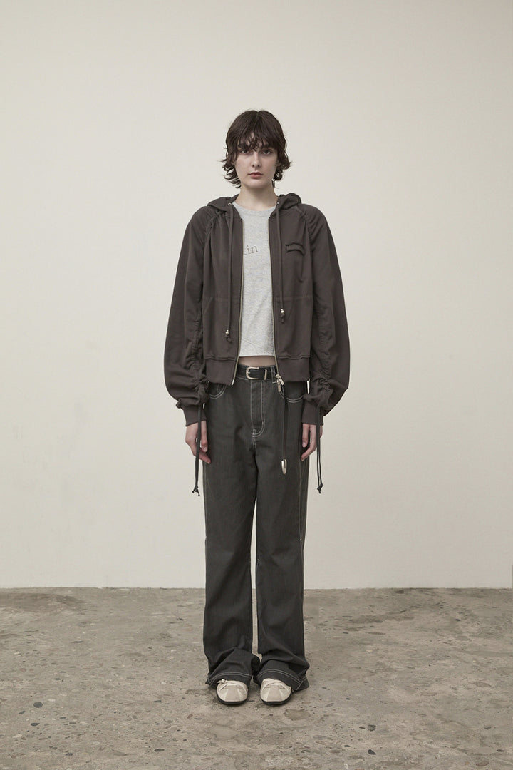 Matin Kim Sleeve String Detail Zip Hoody — Charcoal