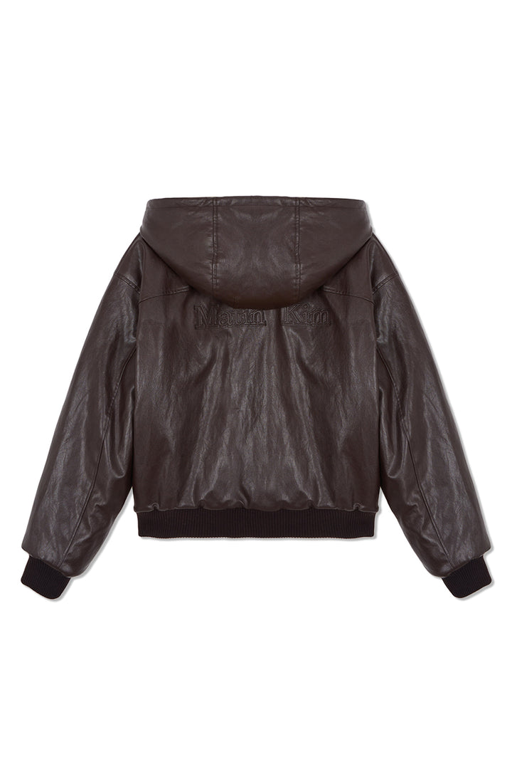 Matin Kim Faux Leather Zip-Up Hoody — Brown