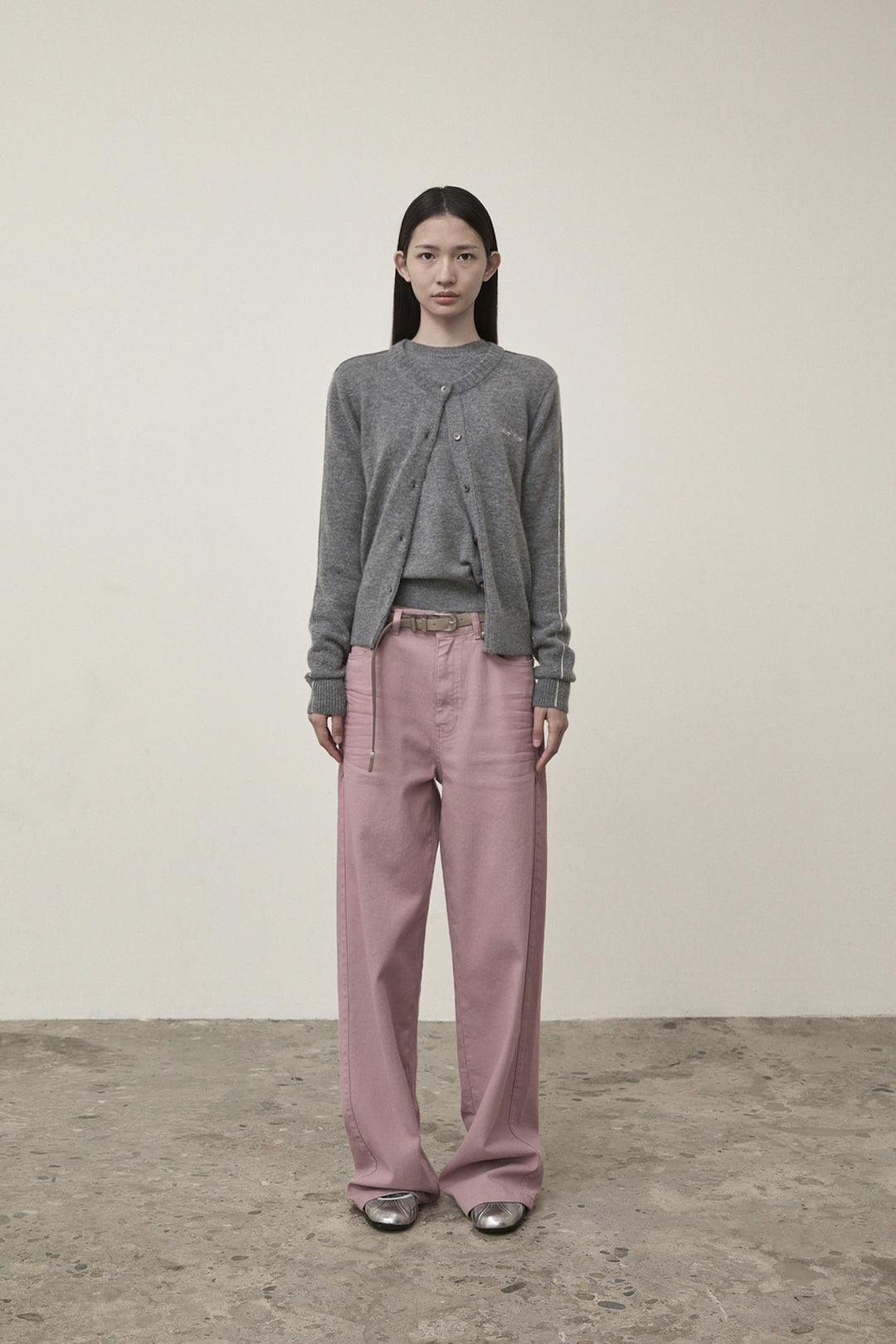 Matin Kim Cashmere Blended Round Knit Cardigan — Gray