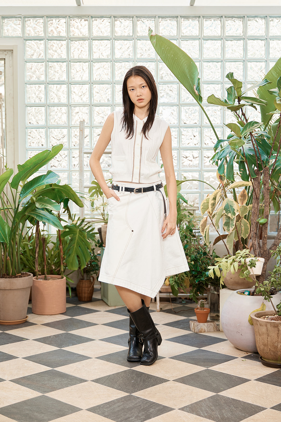 Matin Kim Denim Mixed Flare Skirt — Ivory