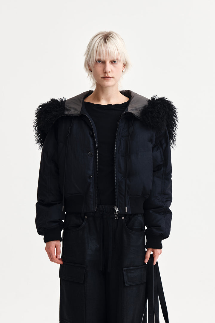 Matin Kim Fur Hoody Bomber Down Jumper — Black