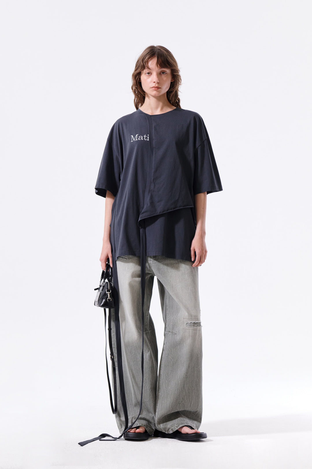 Matin Kim Tie Detail Draped Logo Top — Charcoal