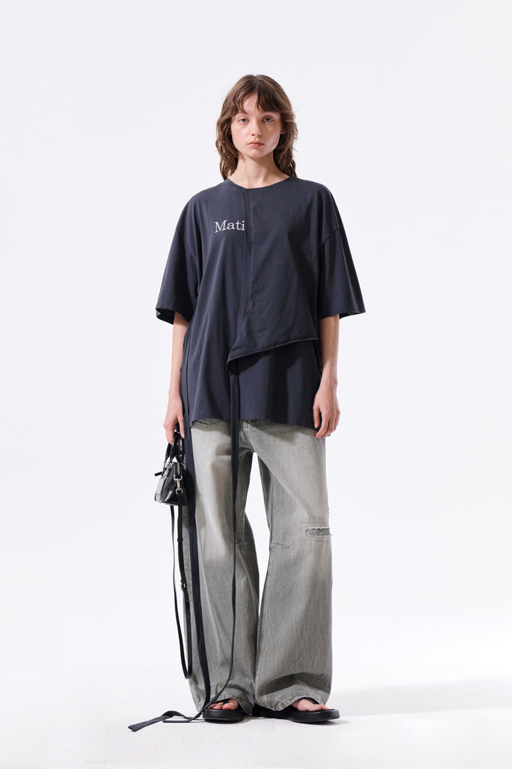 Matin Kim Tie Detail Draped Logo Top — Charcoal