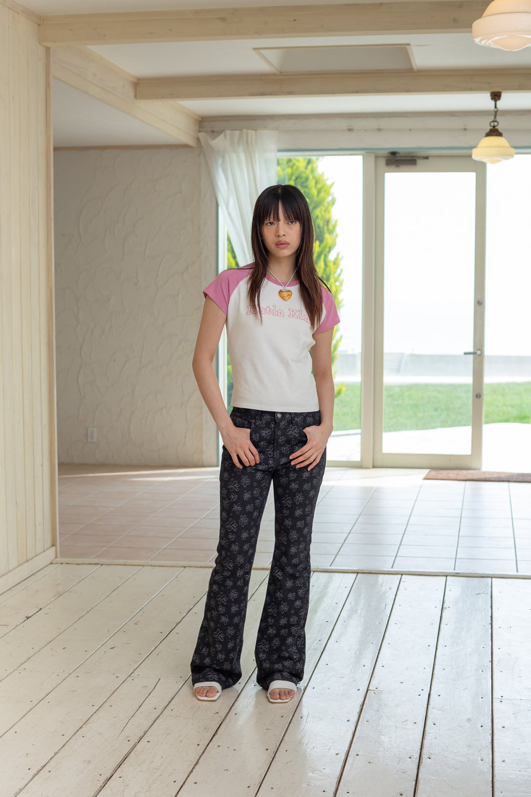 Matin Kim Flower Stitch Raglan Logo Top — Pink