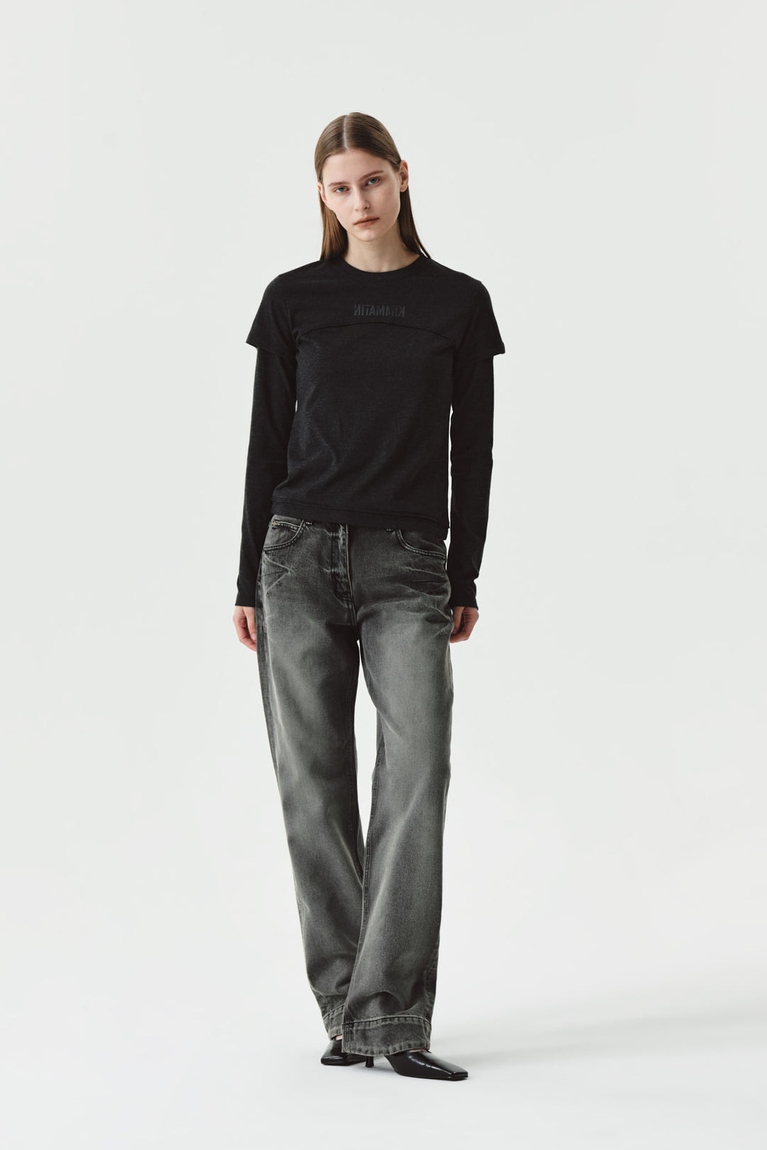 KIMMATIN Double Hem Washed Denim Pants — Gray