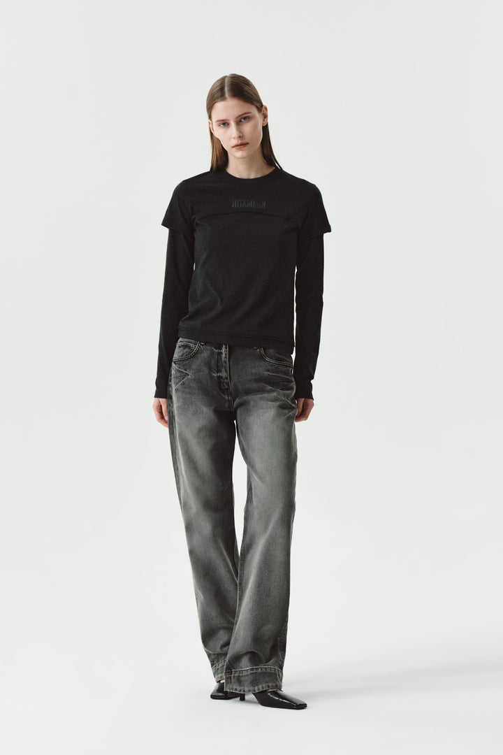 KIMMATIN Double Hem Washed Denim Pants — Gray