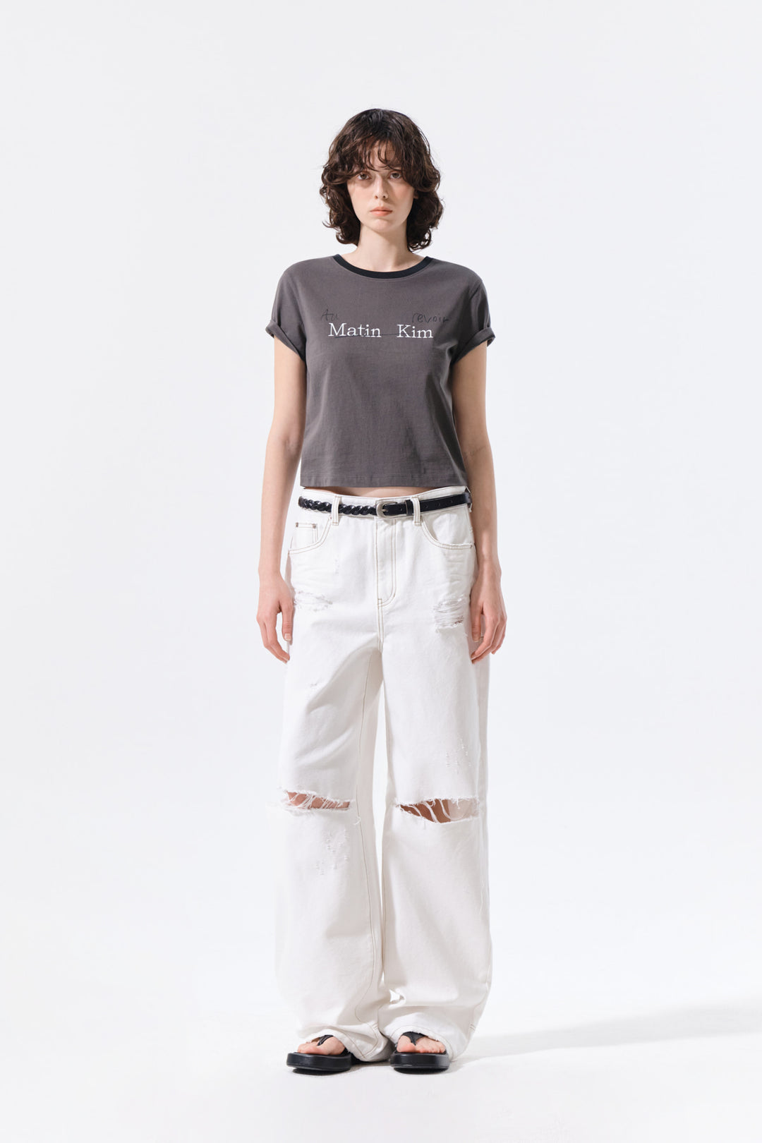 Matin Kim Tonal Rib Logo Crop Top — Charcoal