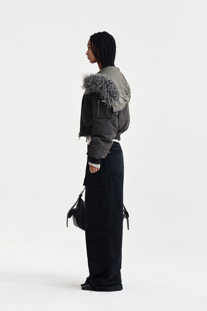 Matin Kim Fur Hoody Bomber Down Jumper — Gray