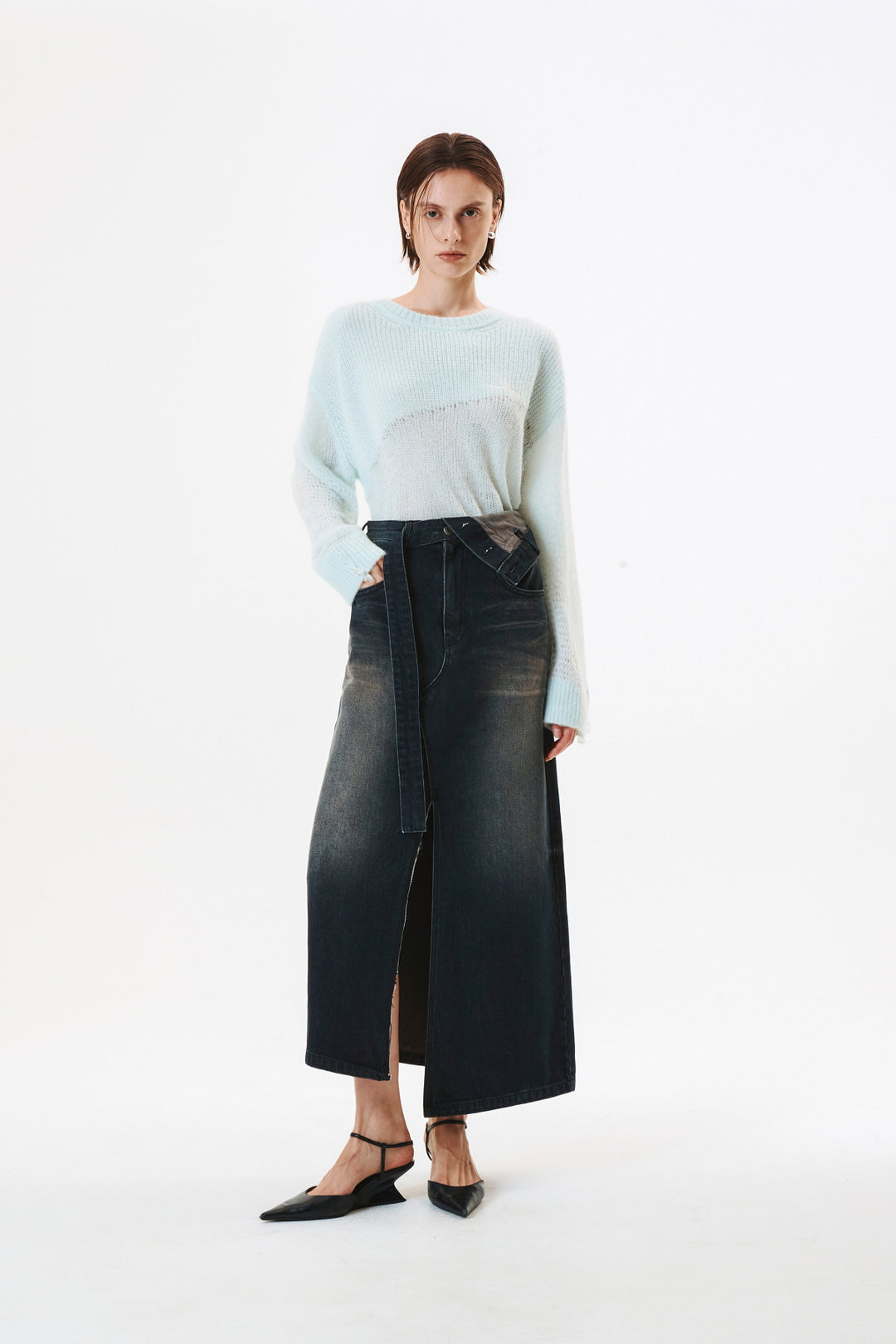 KIMMATIN Foldover Vintage Washed Denim Skirt — Black