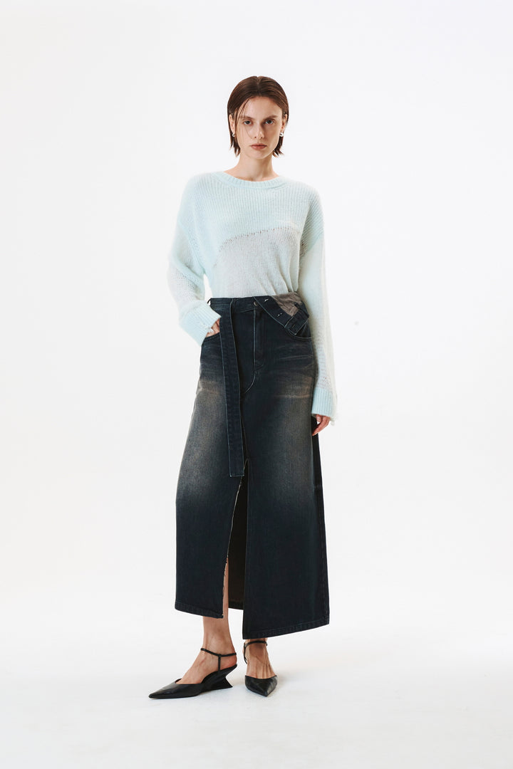 KIMMATIN Foldover Vintage Washed Denim Skirt — Black