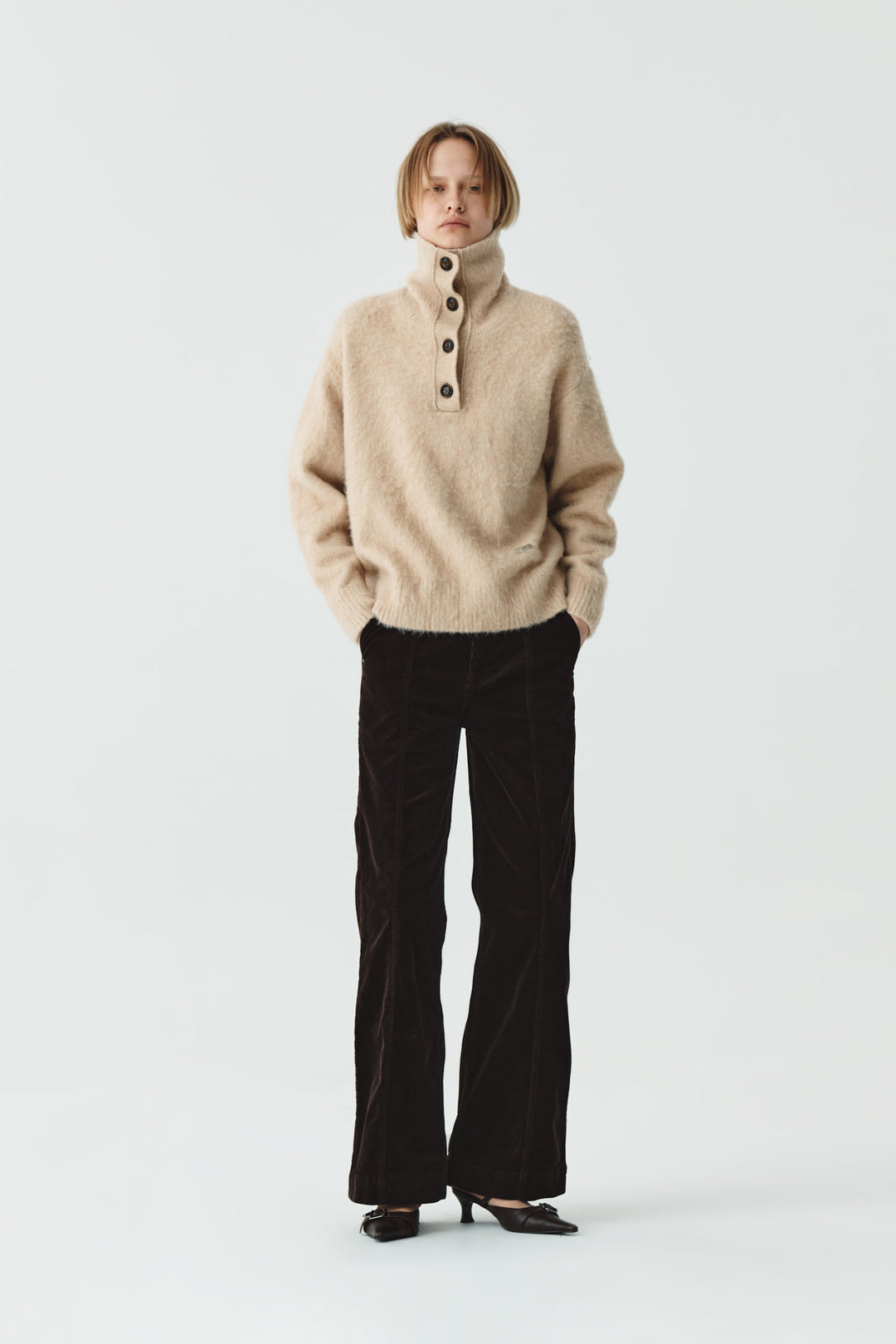 KIMMATIN Button High Neck Alpaca Blend Sweater — Beige
