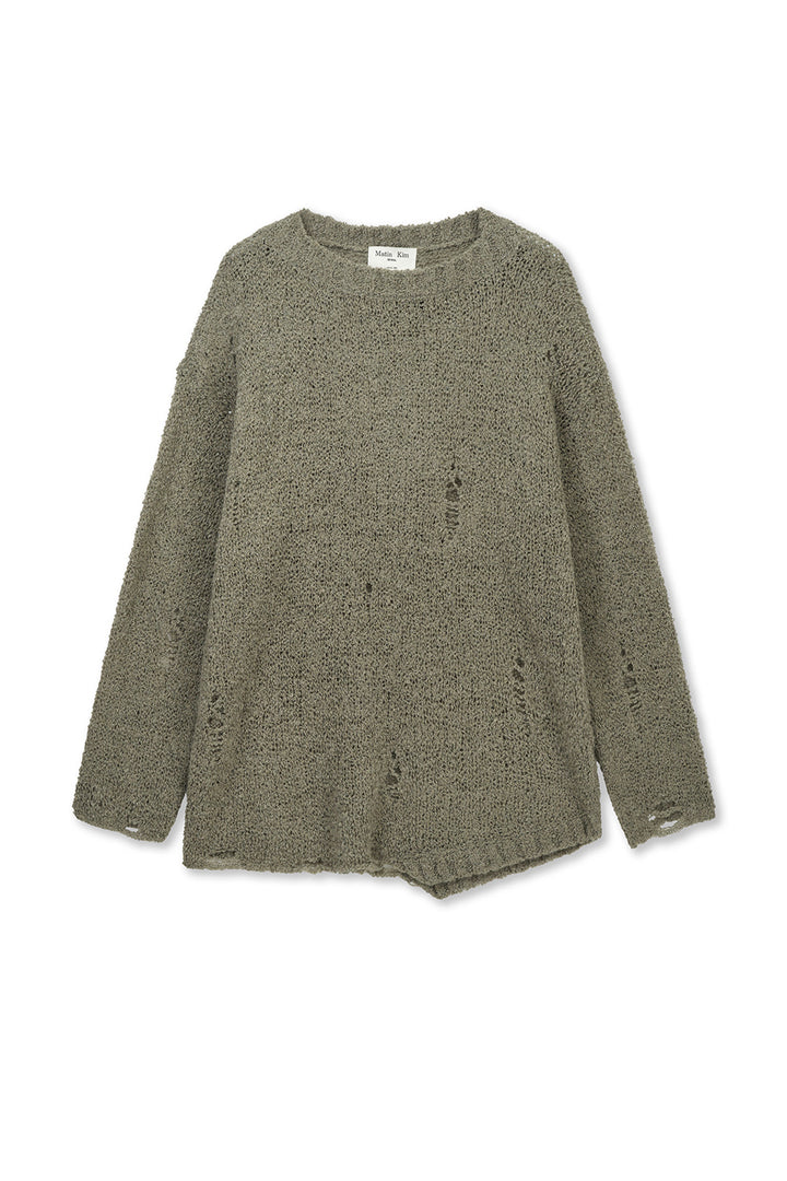 Matin Kim Asymmetric Damaged Knit Pullover — Khaki