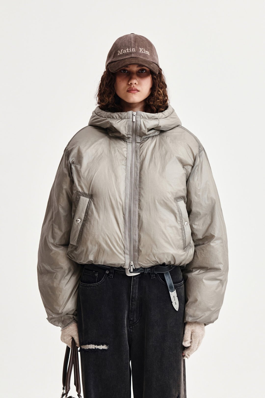 Matin Kim Back Logo Hoody Short Down Jumper — Beige