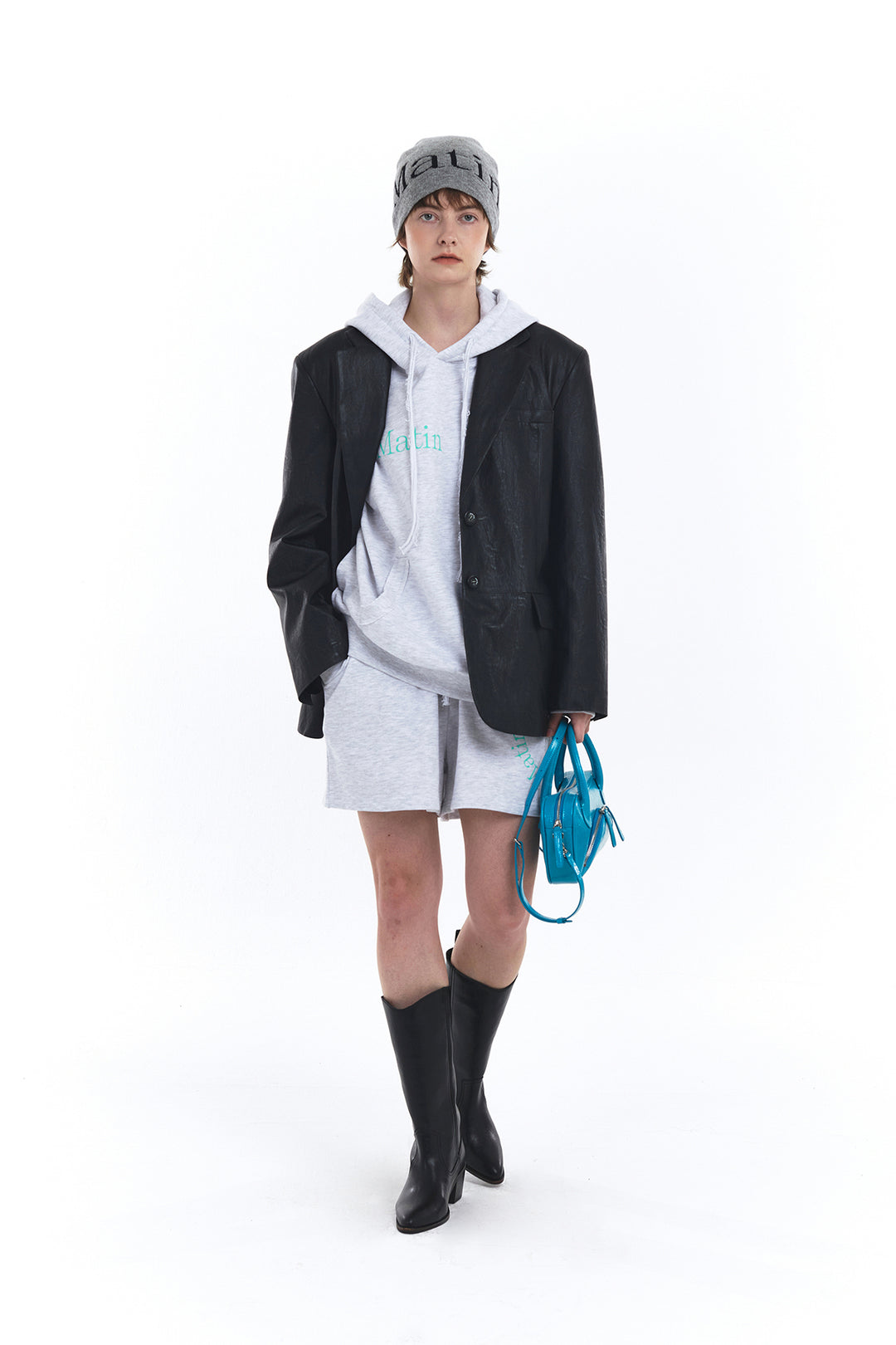 Matin Kim Logo Jacquard Short Beanie — Gray