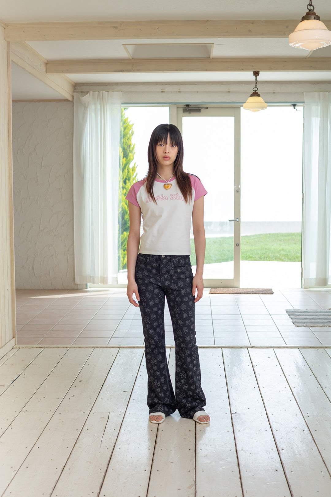 Matin Kim Flower Stitch Raglan Logo Top — Pink