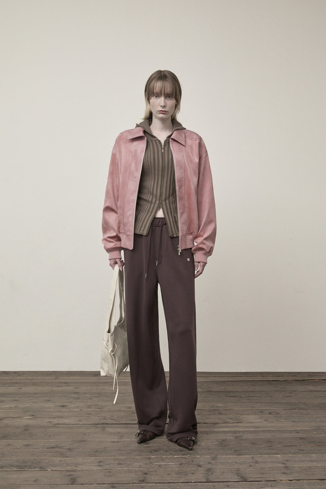 Matin Kim Suede Mix Leather Zip Jumper — Pink
