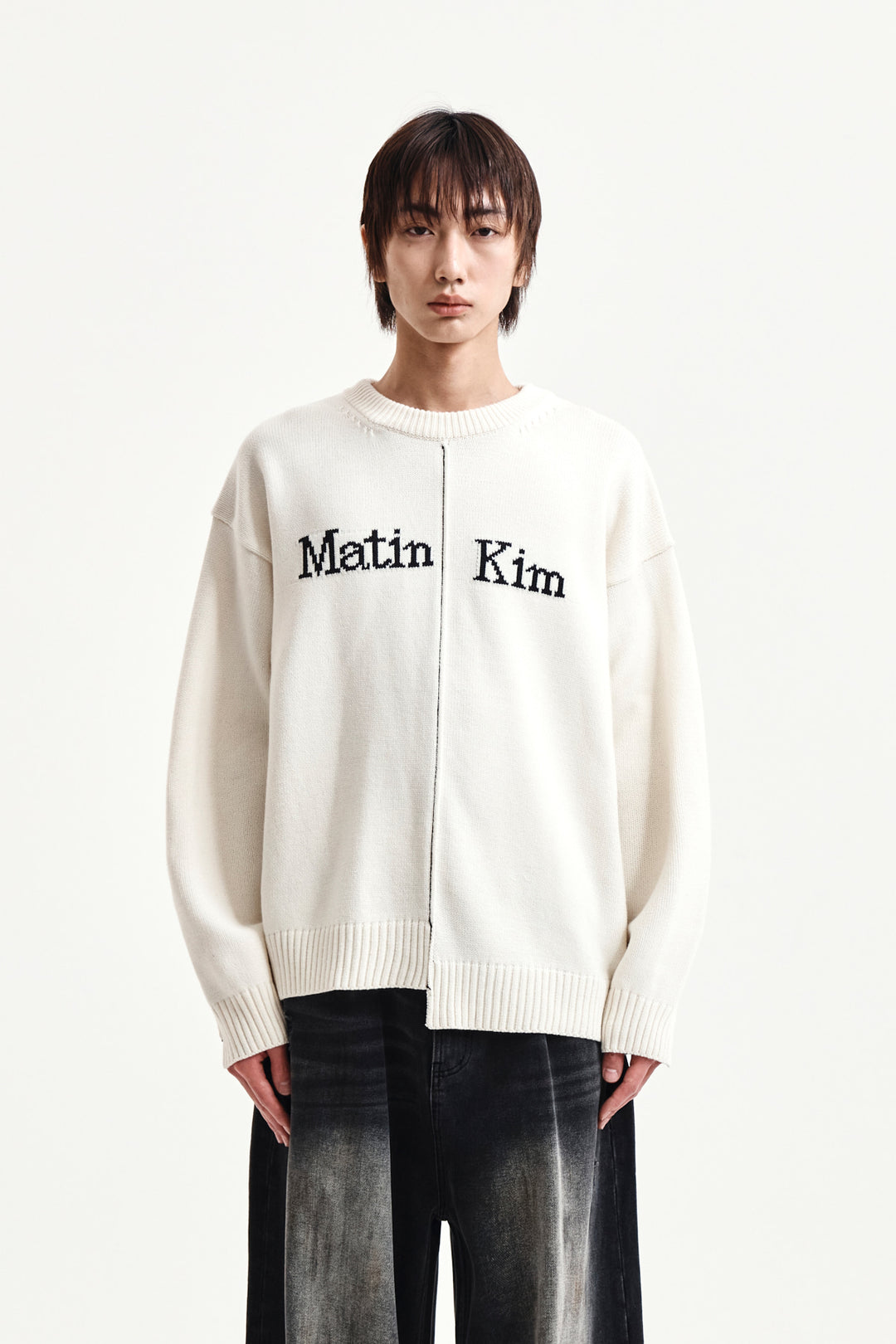 Matin Kim Asymmetric Logo Knit Pullover — Ivory