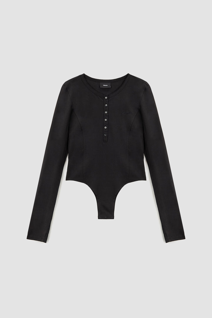 KIMMATIN Raw Cut Bodysuit Top — Black