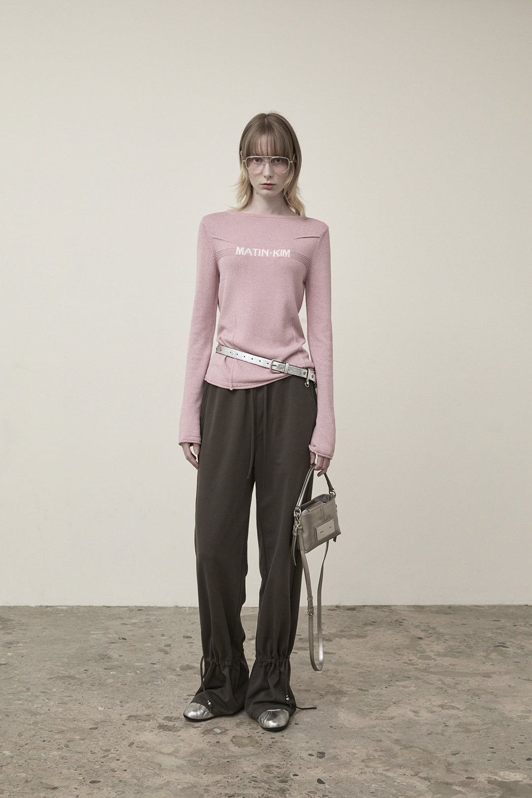 Matin Kim Glitter Slim Logo Knit Top — Pink