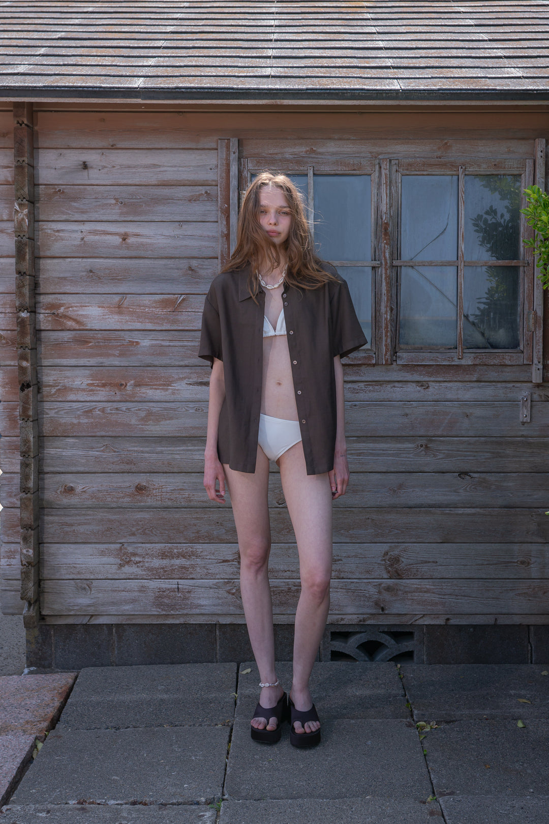 Matin Kim Unbalance Collar Half Shirt Khaki — Brown