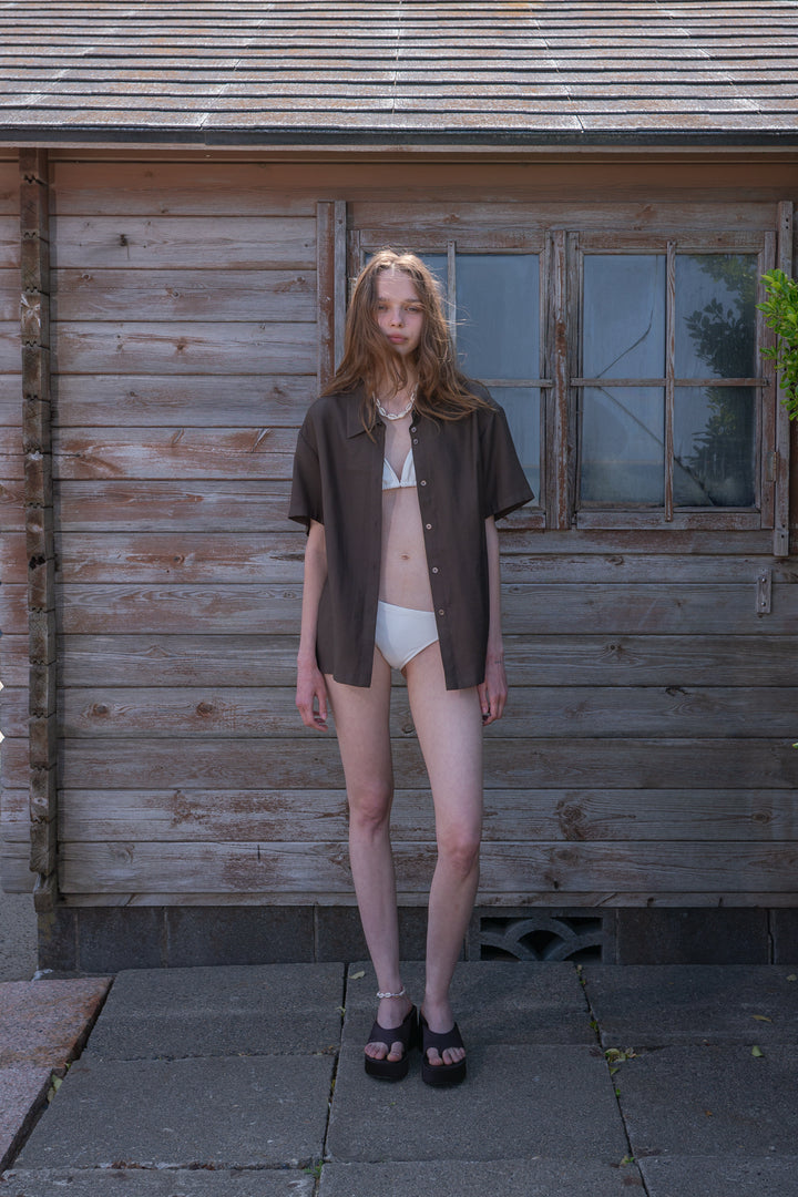 Matin Kim Unbalance Collar Half Shirt Khaki — Brown