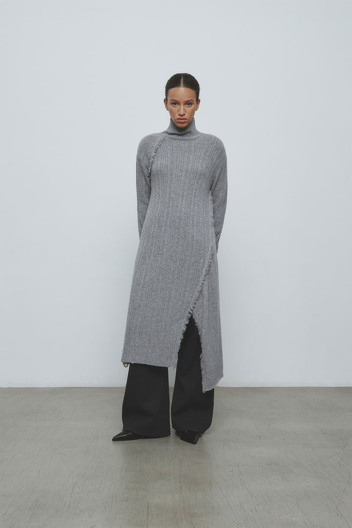 KIMMATIN Unbalance Fringe Knit Dress — Gray