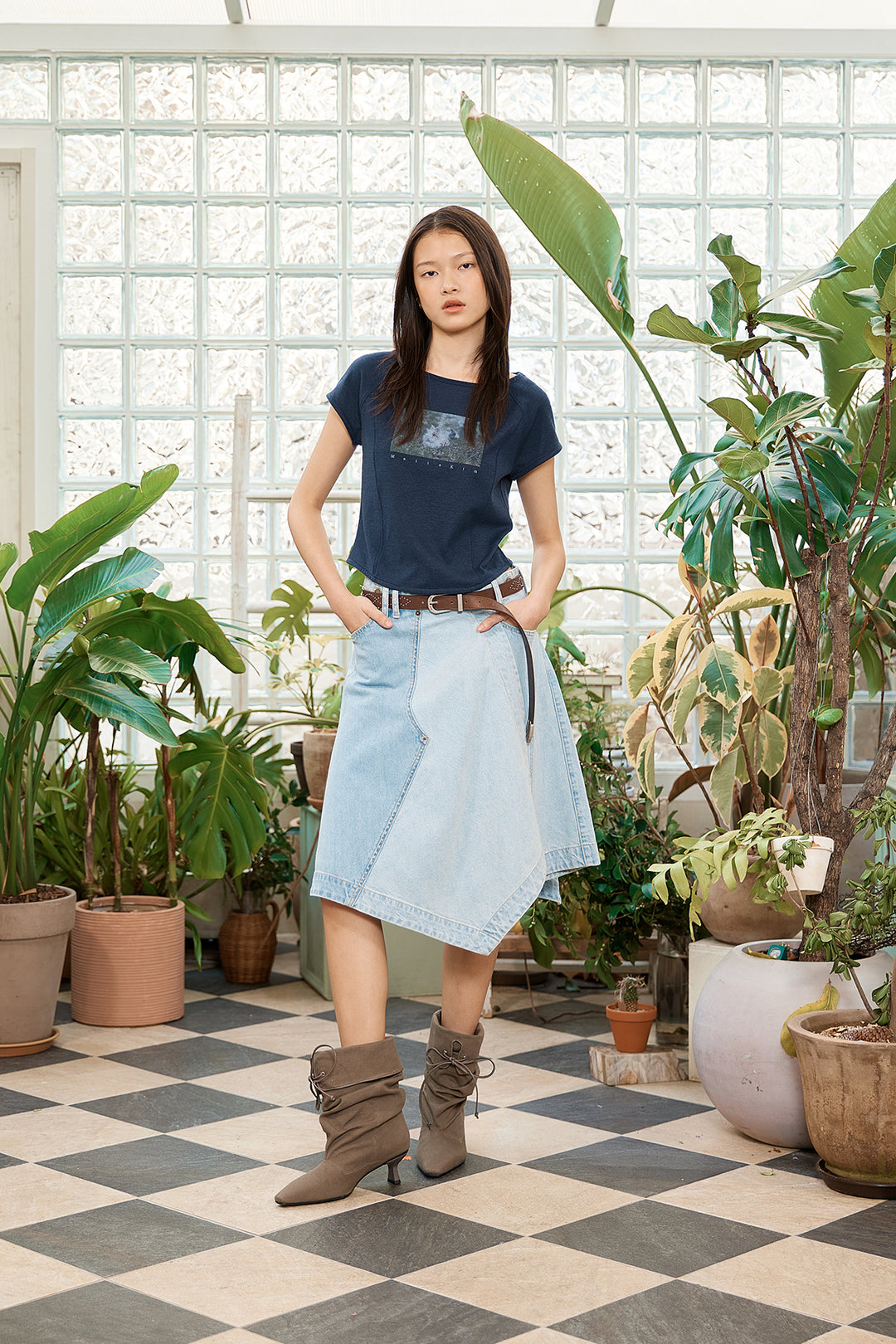 Matin Kim Denim Mixed Flare Skirt — Light Blue
