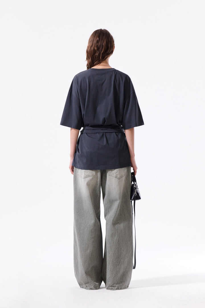 Matin Kim Tie Detail Draped Logo Top — Charcoal