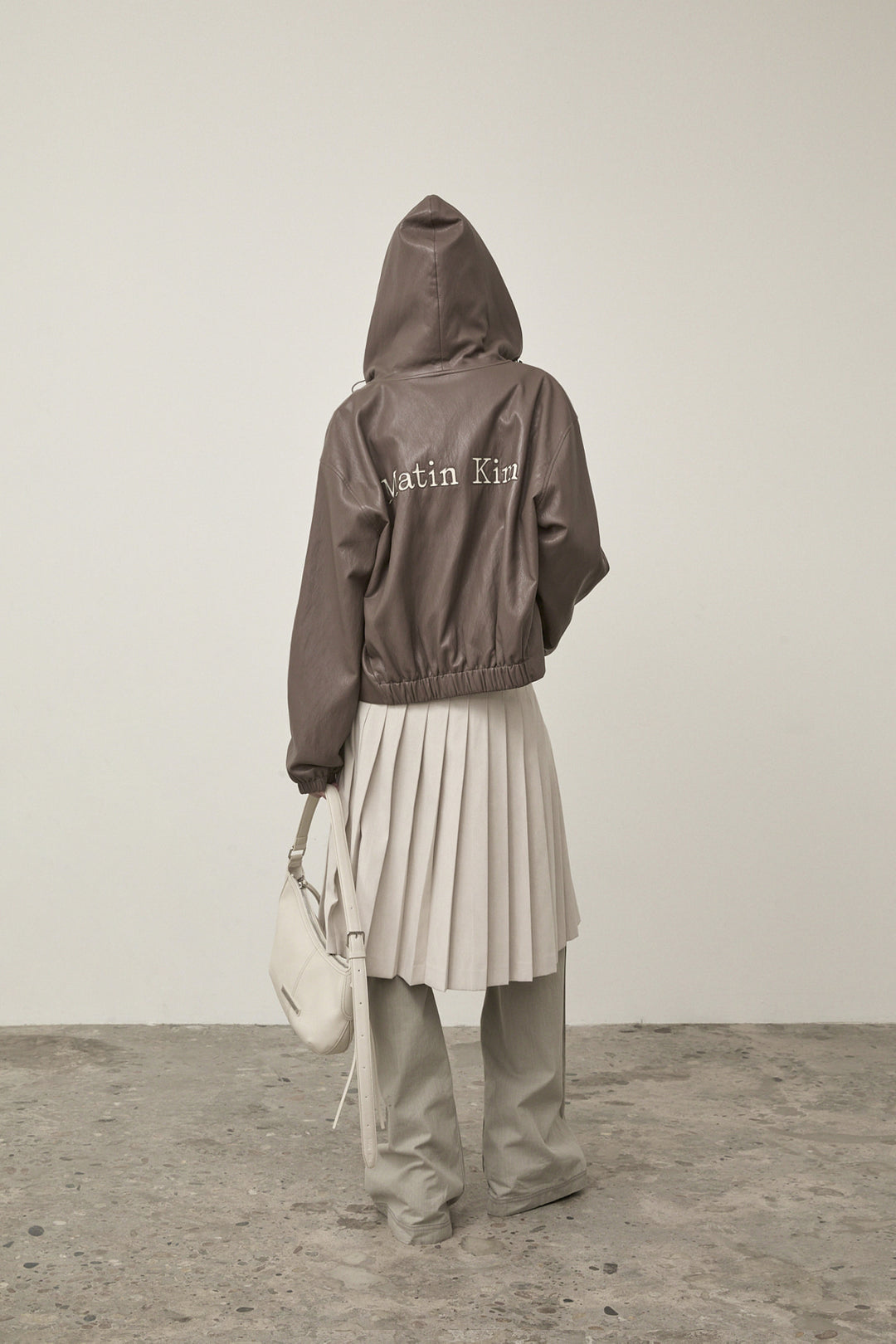 Matin Kim Faux Leather Hoody Crop Jumper — Brown