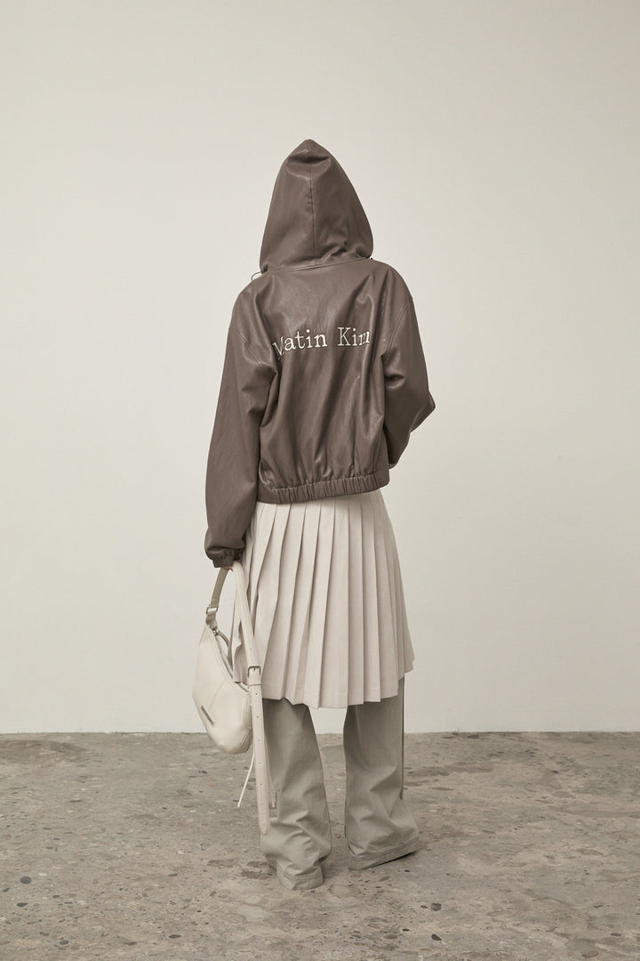 Matin Kim Faux Leather Hoody Crop Jumper — Brown