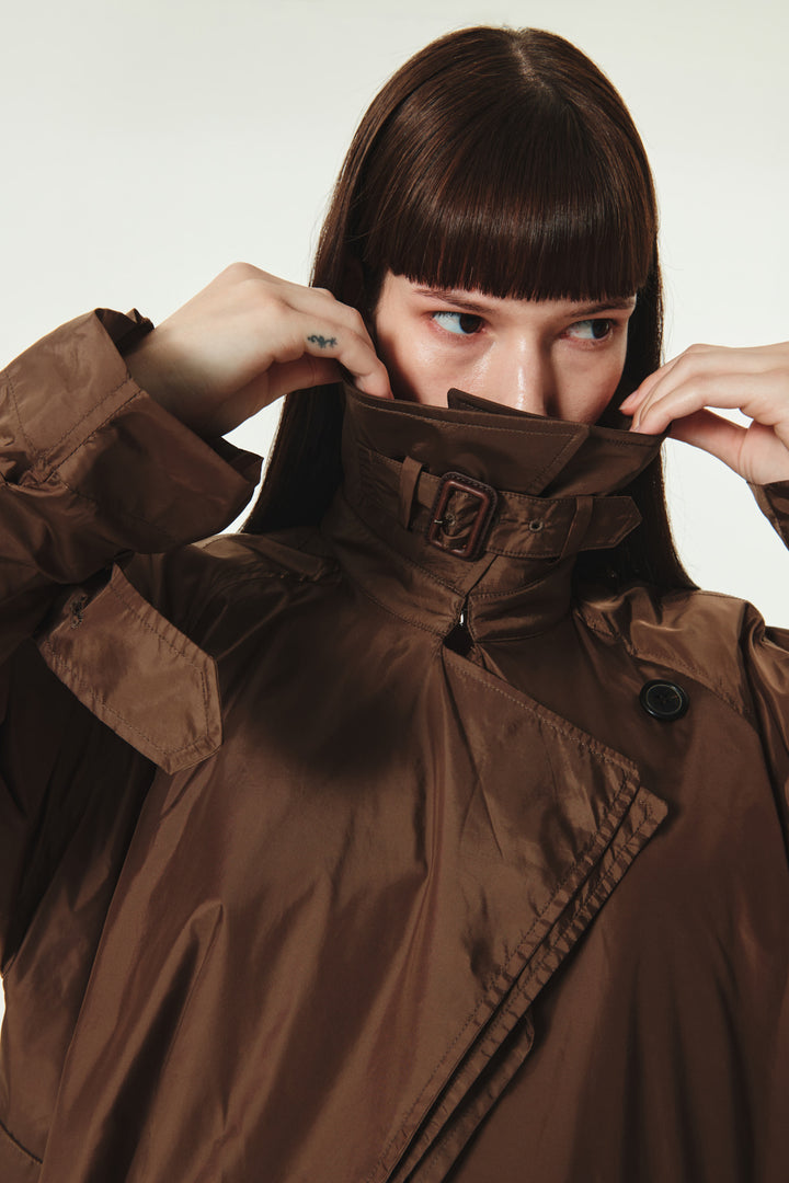 KIMMATIN Raglan Belted Nylon Trench Coat — Brown