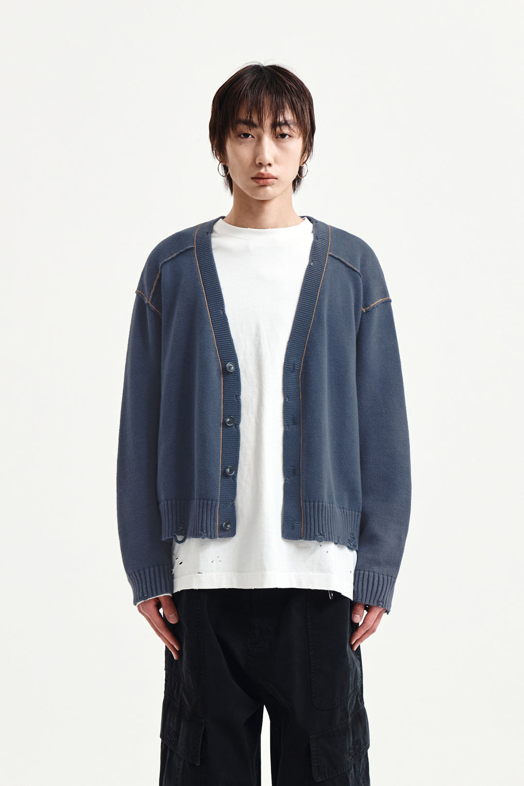 Matin Kim Back Logo Line Point Knit Cardigan — Blue