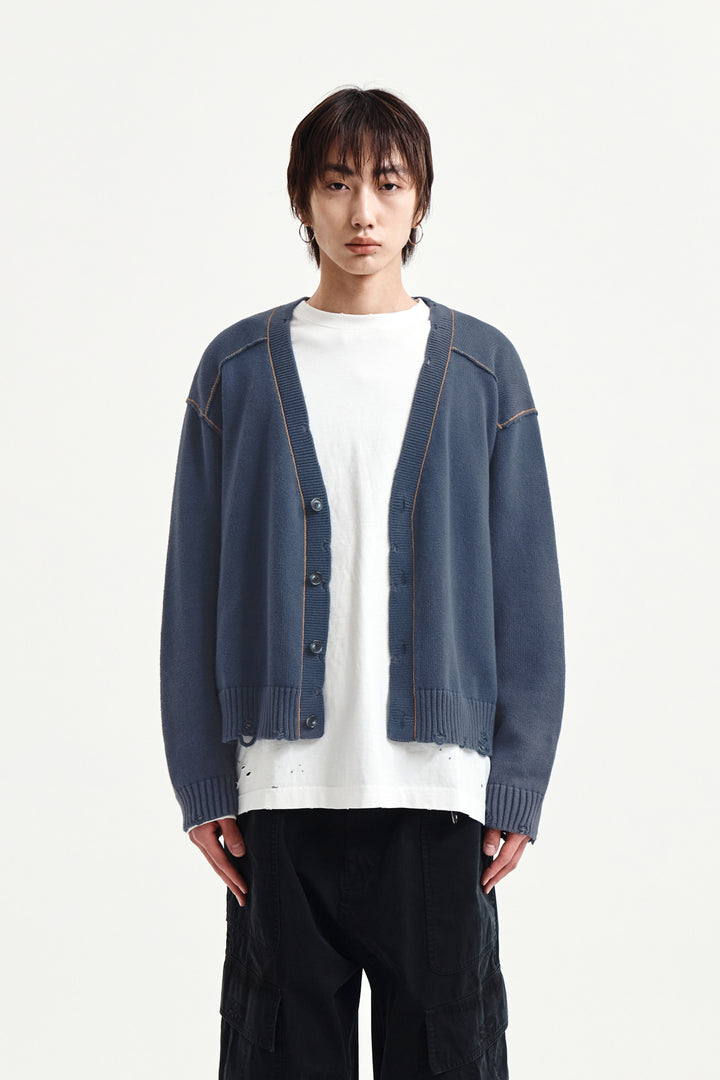 Matin Kim Back Logo Line Point Knit Cardigan — Blue