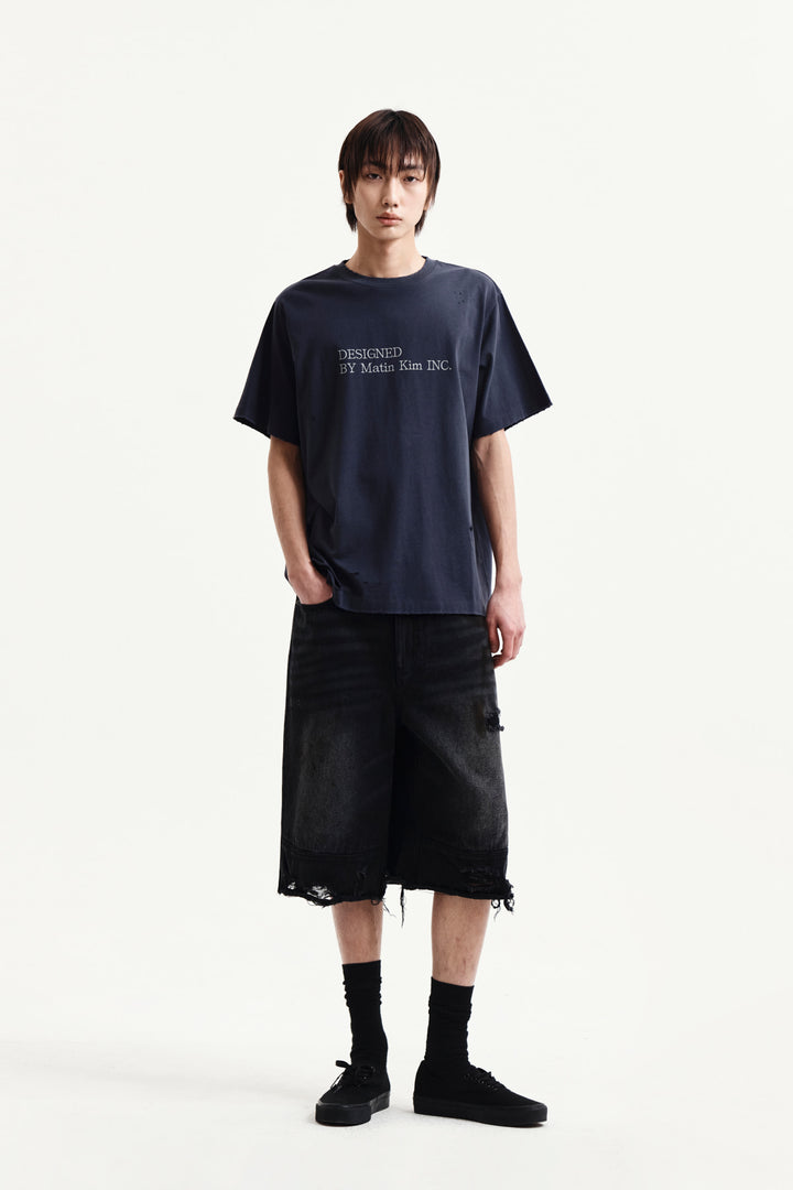 Matin Kim Spray Washed Lettering Damaged Top — Navy blue