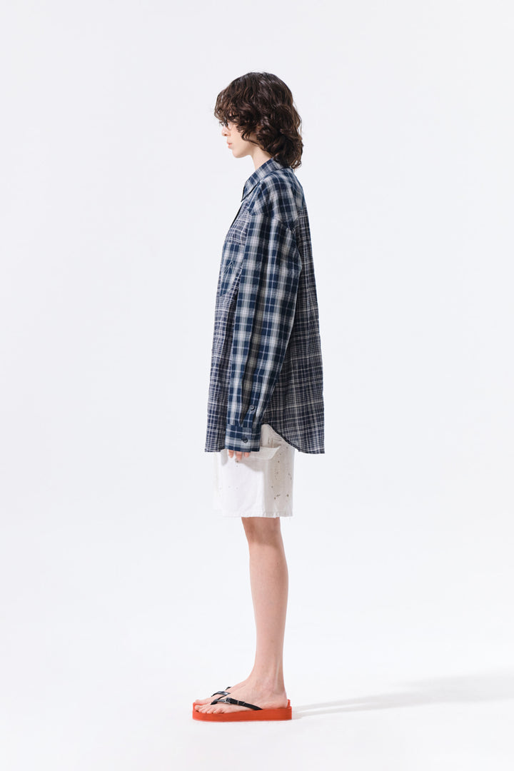 Matin Kim Mixed Check Overfit Shirt — Navy blue