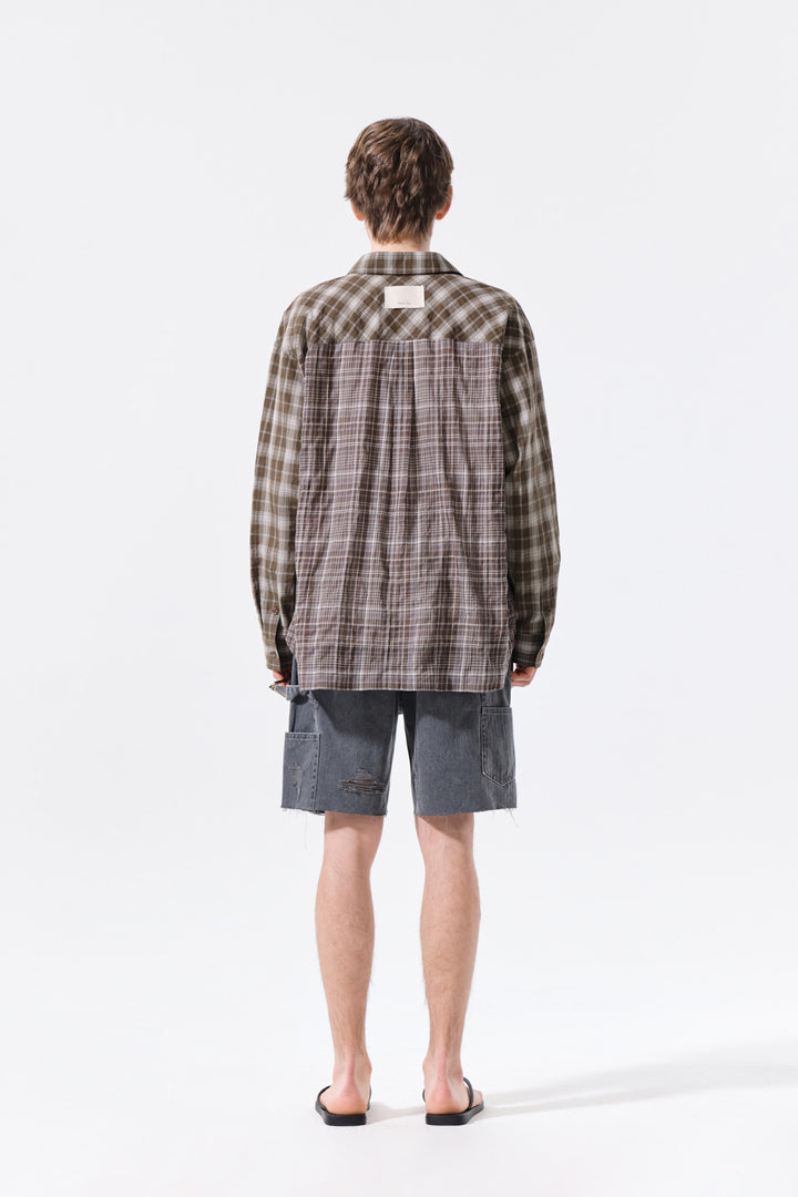 Matin Kim Mixed Check Overfit Shirt — Brown