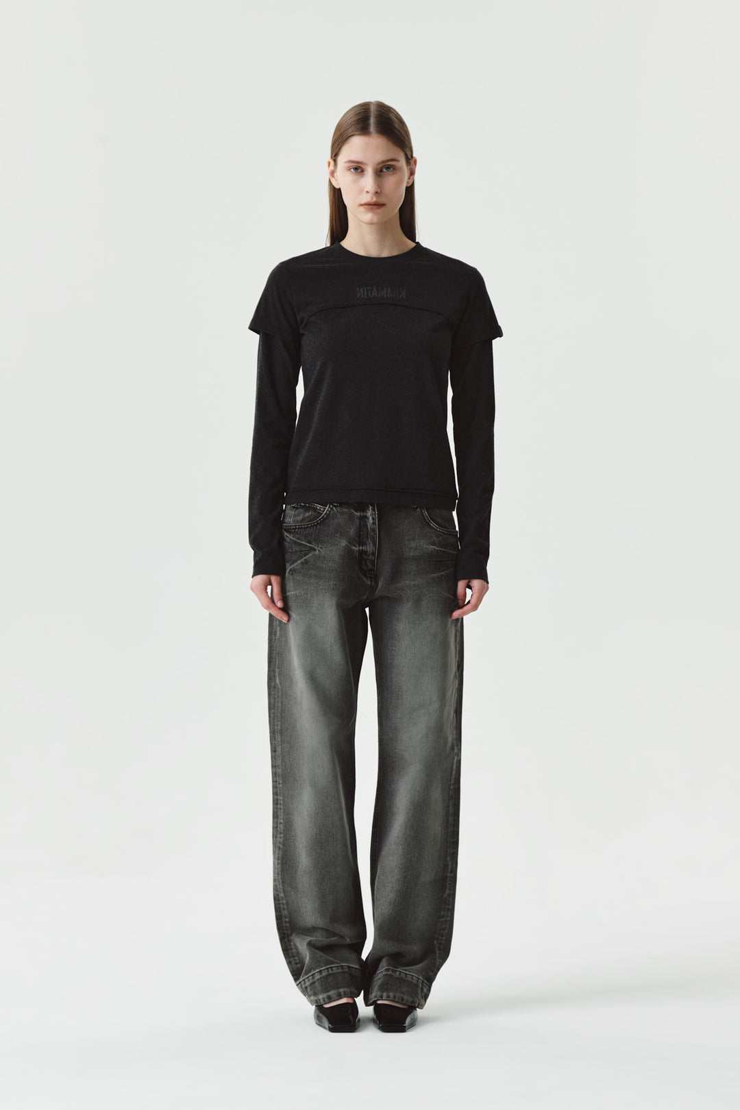 KIMMATIN Double Hem Washed Denim Pants — Gray