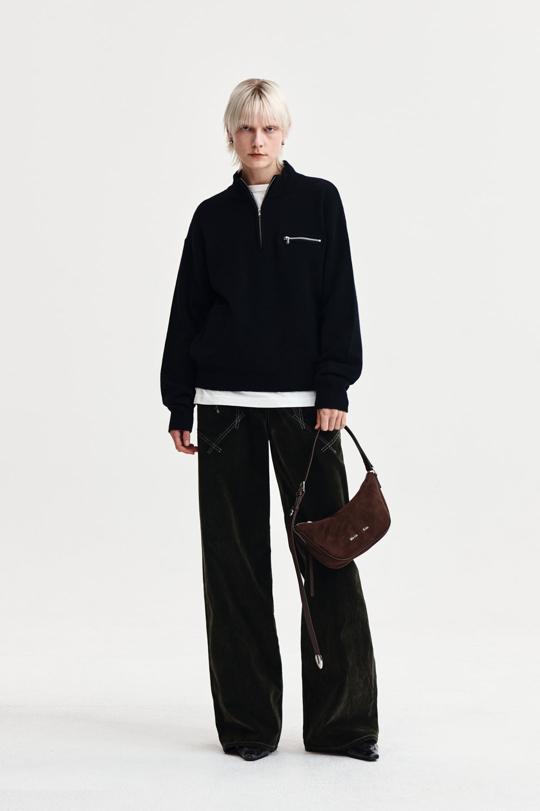 Matin Kim Back Logo Half Knit Zip Pullover — Navy blue